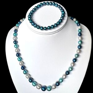 Honora Blue Moon Pearl Necklace Ringed Freshwater in Blue White 925 Silver 20”